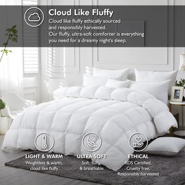 Luxurious White Solid Medium Weight, Oversize California King Size Goose Feathers Down Comforter for All-Season, 108 X 98 inches, Premium Baffle Box, 100% Egyptian Cotton Cover, 80 oz. Fill Weight