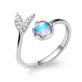 Jiajiazi Sterling Silver Mermaid tail moonstone open ring for women, Dolphin fish tail heart adjustable wrap Cubic Zirconia Eternity ring ocean ring for Mother's Day Christmas Jewelry