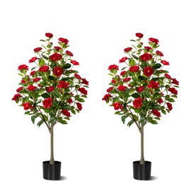 Artificial Camellia Tree 2 Pack, Artificial Plants Outdoor Faux Floral Plant in Cement Pot Fake Silk Camellia Tree Plants for Home House Living Room Office Decor (Red, 4 FT)
