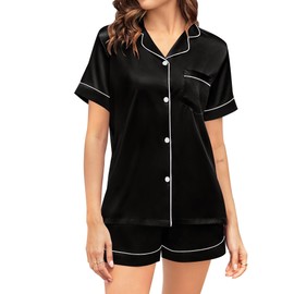 SWOMOG Couple Matching Pajamas Sets Women & Men Button Down Silk Pjs Short Sleeve Soft Lounge Sets 2 Pcs Loungewear Black