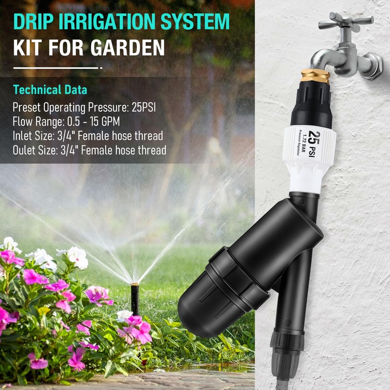 Aurelema Drip Irrigation Pressure Regulator and Filter, 25 PSI Water
