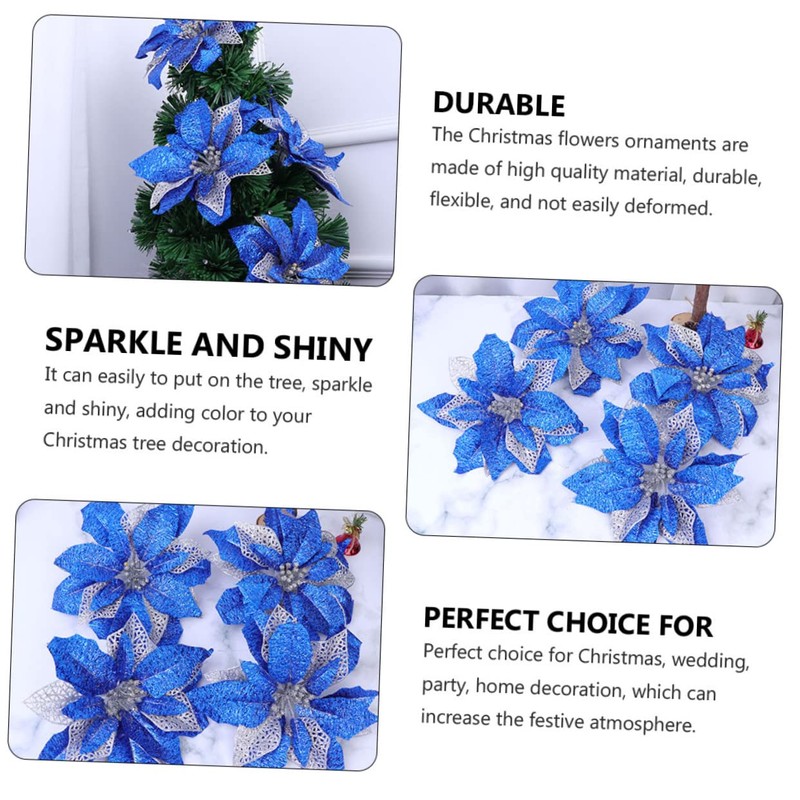 Ciieeo 5Pcs Blue Hexagonal Gold Thread Christmas Decorative Flowers for