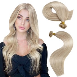 Moresoo U Tip Hair Extensions Blonde Highlight Pre Bonded Keratin Fusion Hair Extensions Human Hair Ash Blonde with Blonde Utip Extensions Real Hair 1g/s 50 Strands 50g 22 Inch