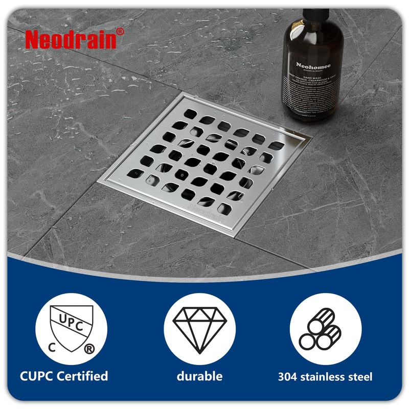 Neodrain 4 in Square Shower Drain Brushed 304 Stainless Steel,
