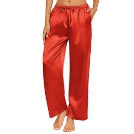 Ekouaer Womens Silk Satin Pajama Pants Casual Loose Lounge Pants Drawstring Elastic Waist Wide Leg Pj Bottoms with Pockets, Red,X-Large