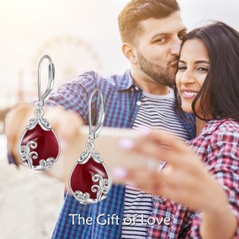 POPLYKE Filigree Gemstone Drop Earrings Sterling Silver Crystal Earrings with Cap Jewellery for Women, Sterling Silver, Garnet