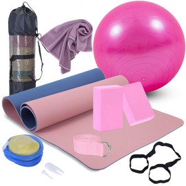 Yoga Beginners Kit Yoga Blocks 2 Pack Yoga Strap Yoga Ball Yoga Mat with Carrying Strap Net Bag Sports Cooling Towel,Yoga Mat Kits and Sets for Beginners 11-Piece Yoga Starter Kit for Women (Pink)