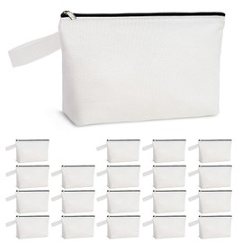 Koolmox 20 12Oz Canvas Pencil Pouch with Bottom and Strap, Multi-purpose Cotton Canvas Zipper Travel Toiletry Pouch, Blank for DIY Sublimation (White Bag w/Black Zipper, M, 10.2x5.5x2.1'')