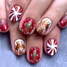 Christmas Press on Nails Short Square Fake Nails with Gingerbread Man Design Glossy Glitter Acrylic Nails Candy House False Nails Cute Cartoon Stick on Nails for Women Girls Kids 24Pcs