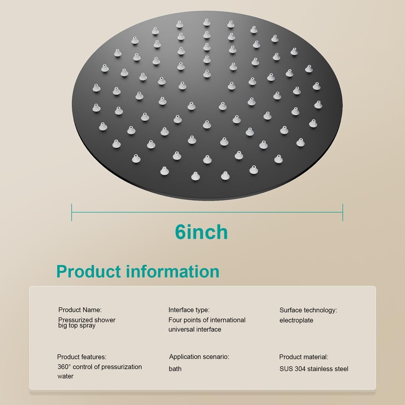 6 Inch Round Rain Shower head, High Flow Stainless Steel