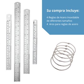 Set 4 Piezas Reglas Acero Inoxidable Metalicas Arquitecto Ingeniero Reglas Rectas 15/20/30/40cm Plateado Doble Lateral Alta Calidad Reglas Metalicas Con Aros