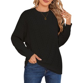 Cakulo Womens 2024 Sweaters Oversized Fall Tunic Batwing Crochet Pullover Knit Sweater Trendy Crew Neck Top Black S