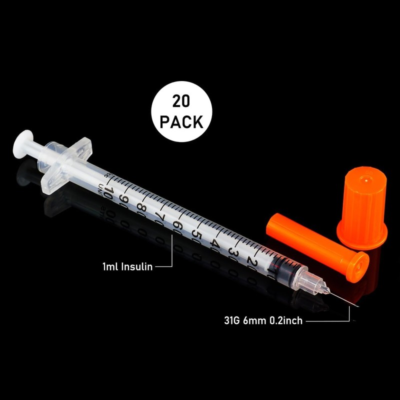 20 Pack 1ml Syringes with 31Gx6mm Plastic Multiple Uses Measuring