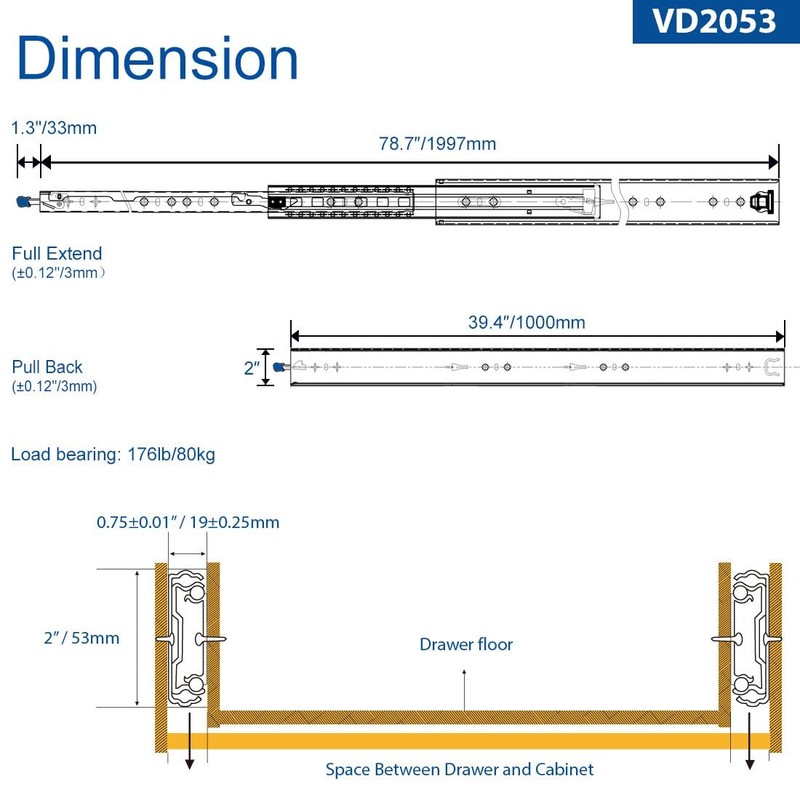 VADANIA 40" Heavy Duty Drawer Slide with Lock #VD2053, 2"
