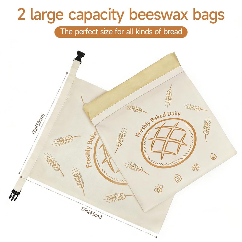2 Pack Beeswax Bread Bags for Sourdough, Reusable 13"×17" Cotton