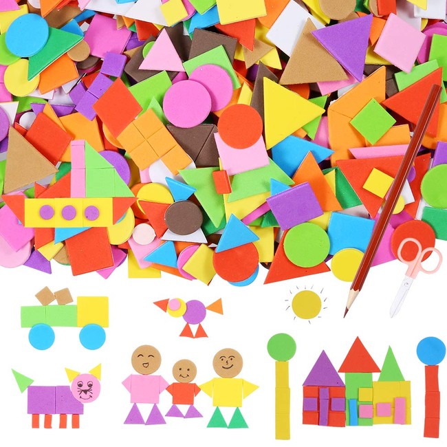 Sntieecr 1000 Pieces Assorted Colors Foam Geometry Stickers Mini Adhesive EVA Foam Stickers with a Drawing Pencil and Scissors for Children DIY Arts and Crafts (Circle, Square, Triangle)
