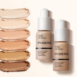 PHOERA Foundation Makeup Naturally Liquid Foundation Full Coverage Mattle Oil-Control Concealer 8 Colors Optional,Great Choice For Gift (2pcs,#102 Nude)