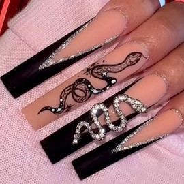 Square Black French Tip Press on Nails Long - Rhinestone Snake Design Extra Long Fake Nails Press ons,24 Pcs Nude Translucent Glue on Nails Glossy Acrylic Nails for Women