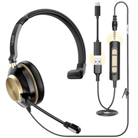 Wantek New Headset USB/TypeC/3.5mm Single Ear with Noise Cancelling Mic Wired PC Headphones for Web Conferencing, Skype, Office, Home Work, Commercial Use, Remote Work, Call Center, Clear Calls, Ultra