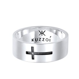Kuzzoi 0610890620 Men's Band Ring with Cross Motif 925 Sterling Silver, Wide Silver Ring (8 mm) in Edged Design, Wide Ring for Men with Cross Oxidised, Ring Size 60 - 66, Sterling Silver