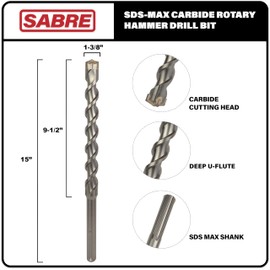 Sabre Tool 1-3/8 Inch x 15 Inch SDS MAX Rotary Hammer Drill Bit, Carbide Tipped for Brick, Stone, and Concrete (1-3/8" x 9.5" x 15")