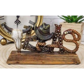 Ebros Gift Rustic Western Patriotic Texas Word Sign Cow Skull Cowboy Hat Lasso Ropes Horseshoe Faux Wooden Desktop Plaque Figurine 6.25" Wide Old World Wild West Accent Theme Home And Office