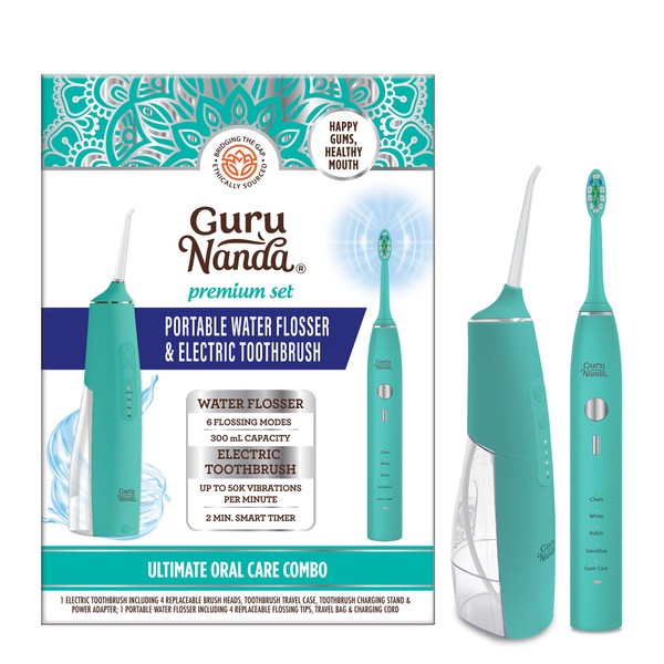 GuruNanda Lion & Lamb Kit (Teal) - Portable Water Flosser (300ml) with 4 Jet Tips & 5000 mAH Rechargeable Sonic Toothbrush with 4 Brush Heads & More