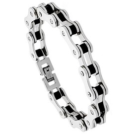 Sabrina Silver Stainless Steel Bicycle Chain Bracelet for Men Black Rubber Accent 1/2 inch Wide, 8 inch Long