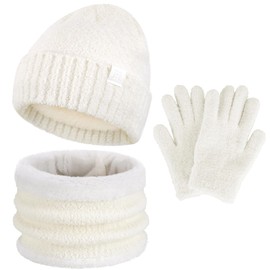 ZASFOU Toddler Kids Winter Hat Scarf Gloves Set Cold Weather Microfiber Beanie Hats Fleece Neck Warmer for 4 5 6 7 8 Year Old Boys Girls Gifts White