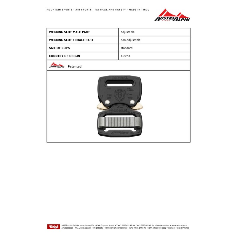AUSTRIALPIN COBRA FM 3/4" 1" Lightweight Adjustable Quick Release Buckle