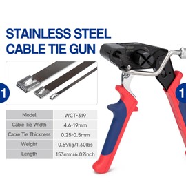 IWISS WCT-319 Stainless Steel Cable Tie Gun for Fastening & Cutting up to 19mm SS Zip Ties, c/w 100pcs SS Zip Ties & Cable Tie Removal Tool