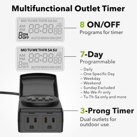 BN-LINK 7 Day Outdoor Heavy Duty Digital Programmable Timer, Outdoor Timer Outlet Waterproof, 2 Grounded Electrical Outlets for Christmas Lights, 15A 1/2HP,ETL Listed