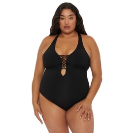 BECCA ETC. Color Code - Women's Plus Size One Piece Swimsuit, Plunge Neck, Bathing Suits for Women, Black, 1X