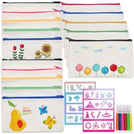 Cieex Pack of 15 DIY Fabric Pencil Cases, Blank, Children's, with 6 Colouring Pens and 8 Drawing Stencils, for Travel, Makeup Bags, Pencils, Stationery Storage, 21 x 12 cm