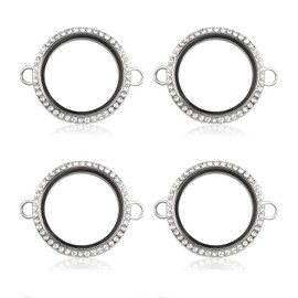 WANDIC Rhinestone Photo Charm, 4Pcs Round Shaped Double Buckle Crystal Photo Pendant Bridal Wedding Bouquet Charms Memory Lockets for 2 Pictures