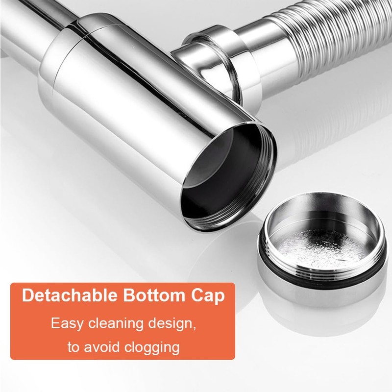 Silver, Solid Brass Bathroom Sink Drain Kit, Adjustable Bottle Trap,