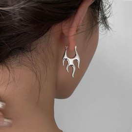 Inateannal Punk Flame Hoop Earrings Silver Fire Flame Dangle Earrings Irregular Unique Flame Earrings Statement Fire Huggie Drop Earrings Jewelry for Women