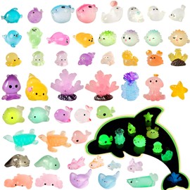 ZITU ISCHYROS Luminous Mini Resin Ocean Animals Tiny Animal Tiny Turtle Octopus Seahorse Crocodile Dolphin Shark Frog Glow in The Dark for Garden Miniatures Accessories (50 pcs Ocean Animals Series)