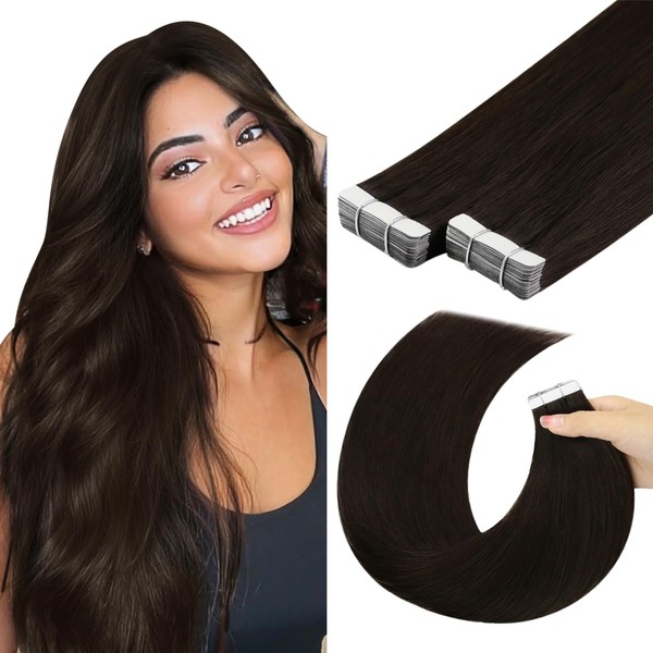 YoungSee Real Hair Extensions Tape Brown Tape-In Extensions Real Hair 35 cm Invisible Tape Extensions Brown Real Hair Tape in Extensions Remy Tape Hair Extensions Real Hair Remy Straight 50 g 20