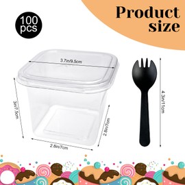 Rainmae 12 oz Disposable Plastic Dessert Cups with Lids Parfait Cups with Lids Fruit Cups with Lid Appetizer Cups Sporks Square Clear Cups for To Go Iced Coffee, Bubble Boba Tea, Milkshake 100-Pack
