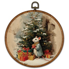 BCUANGD Christmas Round Wall Art Decor - Vintage Winter Mouse Wall Art Canvas Frame Artwork Prints, Rustic Holiday Xmas Cottage Round Wall Hanging Decorations for Home Farmhouse, 10"x10"