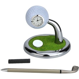 10L0L Golf Ball Pen Stand with Clock, Mini Desktop Golf Ball Pen Stand, Perfect for Golf Enthusiasts, Business Gifts, Includes Golf Ball Pens (Pack of 2)- White
