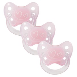 Dentistar® Latex Dummies Set of 3 - Size 1 for 0-6 Months - Teeth & Jaw Friendly Latex Dummy with Dental Level - Pink with Heart Motif - BPA Free - Made in Germany