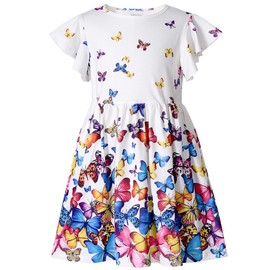 VASCHY Butterfly Girls Dress, Soft Twirly Stretchy Casual Daily Short Sleeve Ruffle Summer Dress for Toddler/Little/Big Kid Girls Clothing Outfit Size 7-8T White