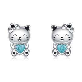 925 Sterling Silver Cat Girl Earrings Cute Animal Stud Earrings Turquoise Jewellery for Women Girls, Sterling Silver, Cubic Zirconia