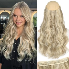 KooKaStyle Invisible Wire Hair Extensions Long Wavy Transparent Wire Hairpiece for Women Adjustable Size 4 Secure Clips 20 Inch Ash Brown mix Platinum Blonde