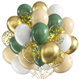 Balloons Birthday Green Gold, Pack of 60 12 Inch Balloons Green Gold, Apricot Metallic Gold Confetti Balloons, Balloons Green for Baby Shower Wedding Birthday Jungle Animal Theme Party Decoration