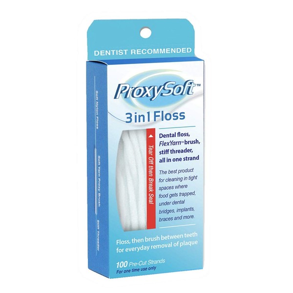 ProxySoft 3-in-1 Dental Floss for Optimal Teeth Flossing​- 1 Pack Pre-Cut Ortho Floss Threaders for Braces, Tight Spaces, Bridges, Implants with Built-in Soft Proxy Brush and Stiff Threader Flosser