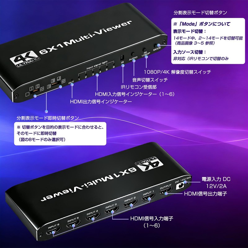 ENBUER HDMI Split-Screen Switcher, 6 Inputs, 1 Output, Multi-Viewer, 4K