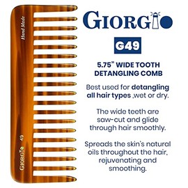 Giorgio G49 Large 5.75 Inch Hair Detangling Comb, Wide Teeth for Thick Curly Wavy Hair. Long Hair Detangler Comb For Wet and Dry. Handmade of Quality 